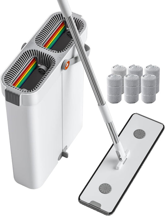 JOYBOS Mop and Bucket Set for Home Floor Cleaning, Hands Free Flat Mop, Stainless-Steel Handle, 6 Washable & Reusable Microfiber Pads