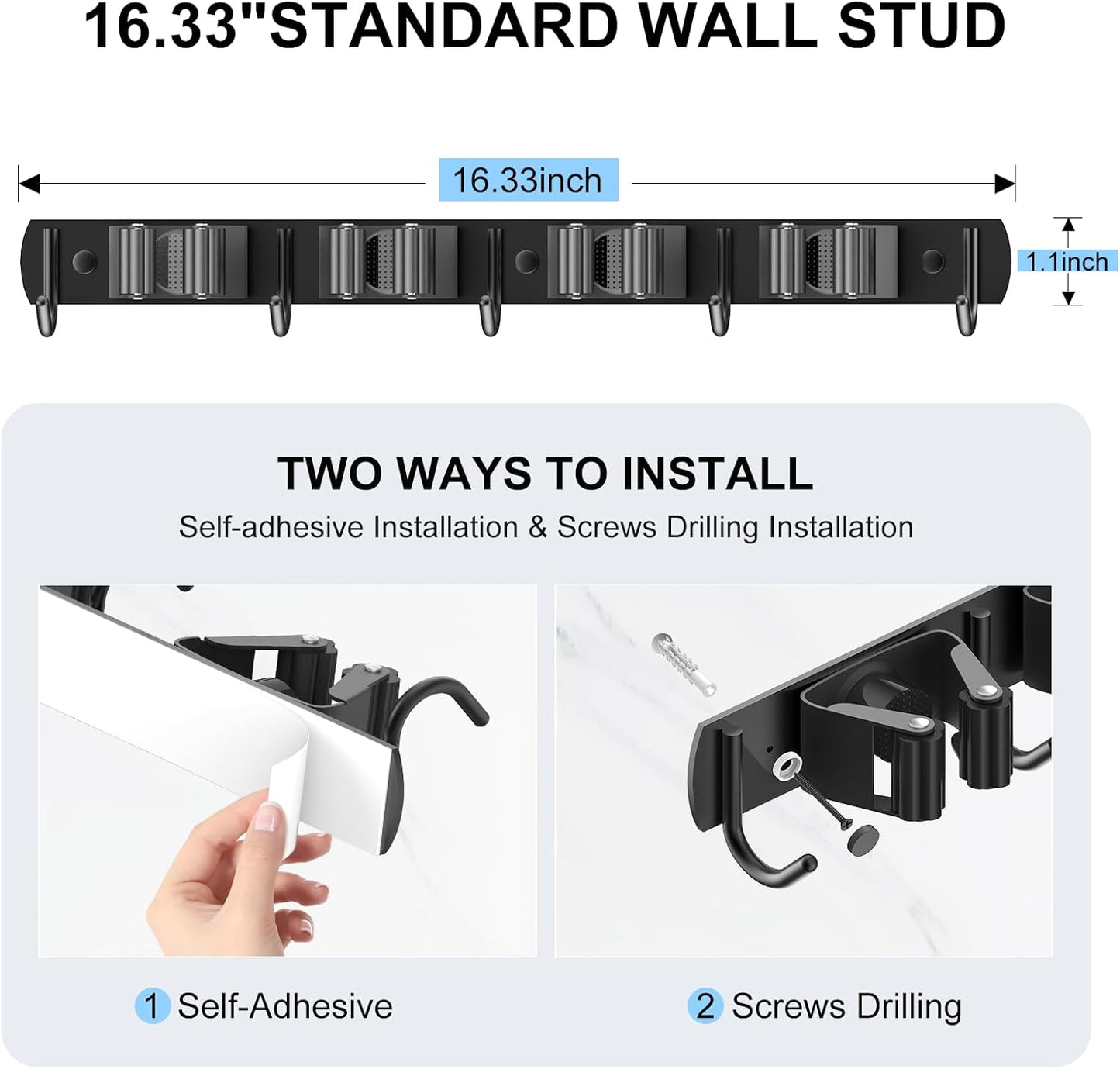 nacena Broom holder Wall Mount, 2-Pack Black Stainless Steel Self-Adhesive Mop and Broom Hooks Heavy Duty Broom and Mop Storage Rack laundry room organization for Kitchen Garden garage