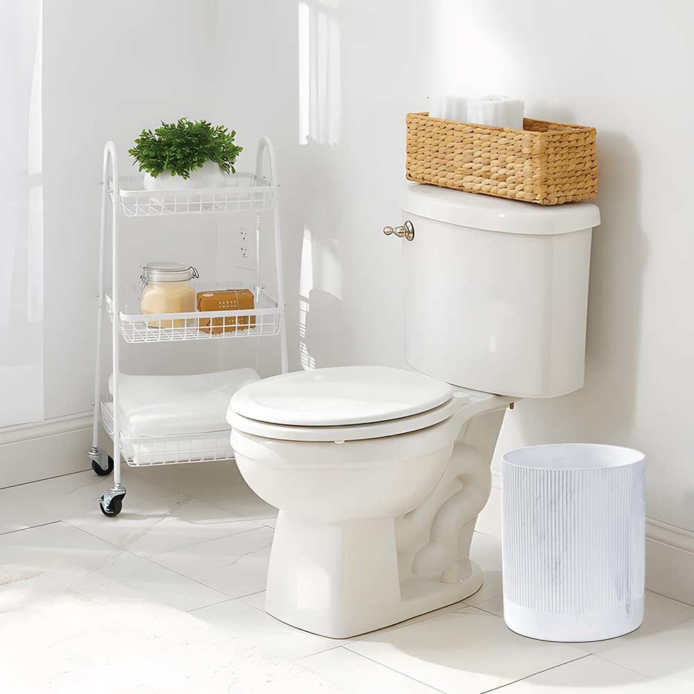 Polytree White Marble Stripe Wastebasket,Round Bathroom Trash Can 2.5 Gallon(9 Liter) Small Kitchen Garbage Can,Living Room Bedroom Trash Can, Decor Wastebasket for Home Office Marble Stripe