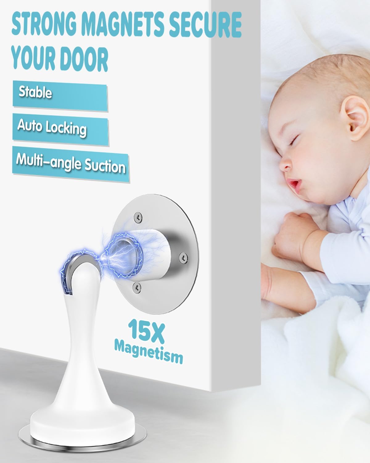 Magnetic Door Stoppers Door Catch - 4 Pack Stainless Steel Heavy Duty Door Stops for Bottom of Door, Wall & Floor Mounting No-Drill Strong Adhesive & Screws, Strong Door Holder to Keep Door Open