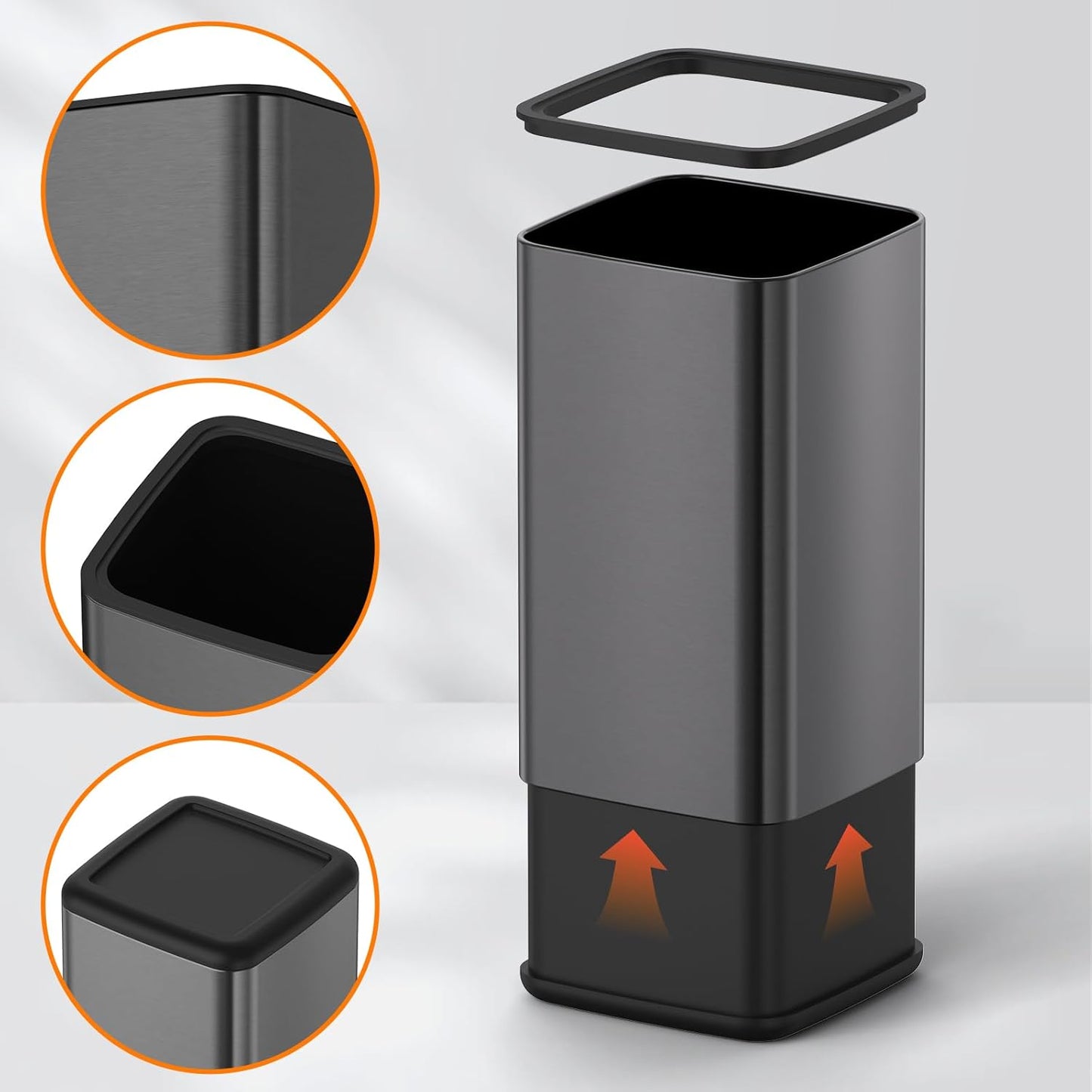 Mbillion 2.4 Gal (9L) Stainless Steel Open - Top Trash Can with Removable Inner Bucket - Sleek Metal Small Waste Basket for Bathroom Office,Brushed Black