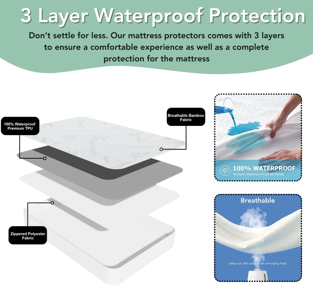 Bamboo Rayon Mattress Protector with Zipper + 2 Pillow Protectors - 100% Waterproof Cooling Cal King Size Cover - Ultra Soft Fabric Breathable Noiseless Mattress Pad Covers Zippered Encasement