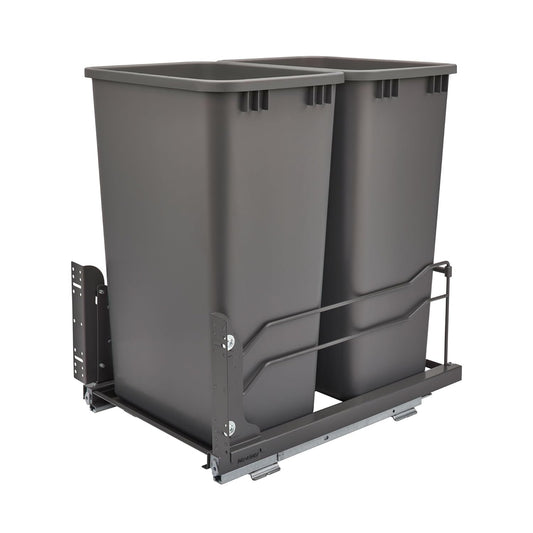 Rev-A-Shelf Pullout Dual Trash Cans for Full Height Kitchen Garbage Cabinet 50 Quart 12.5 Gallon with Soft-Close Slides, Orion Gray, 53WC-2150SCDM-213