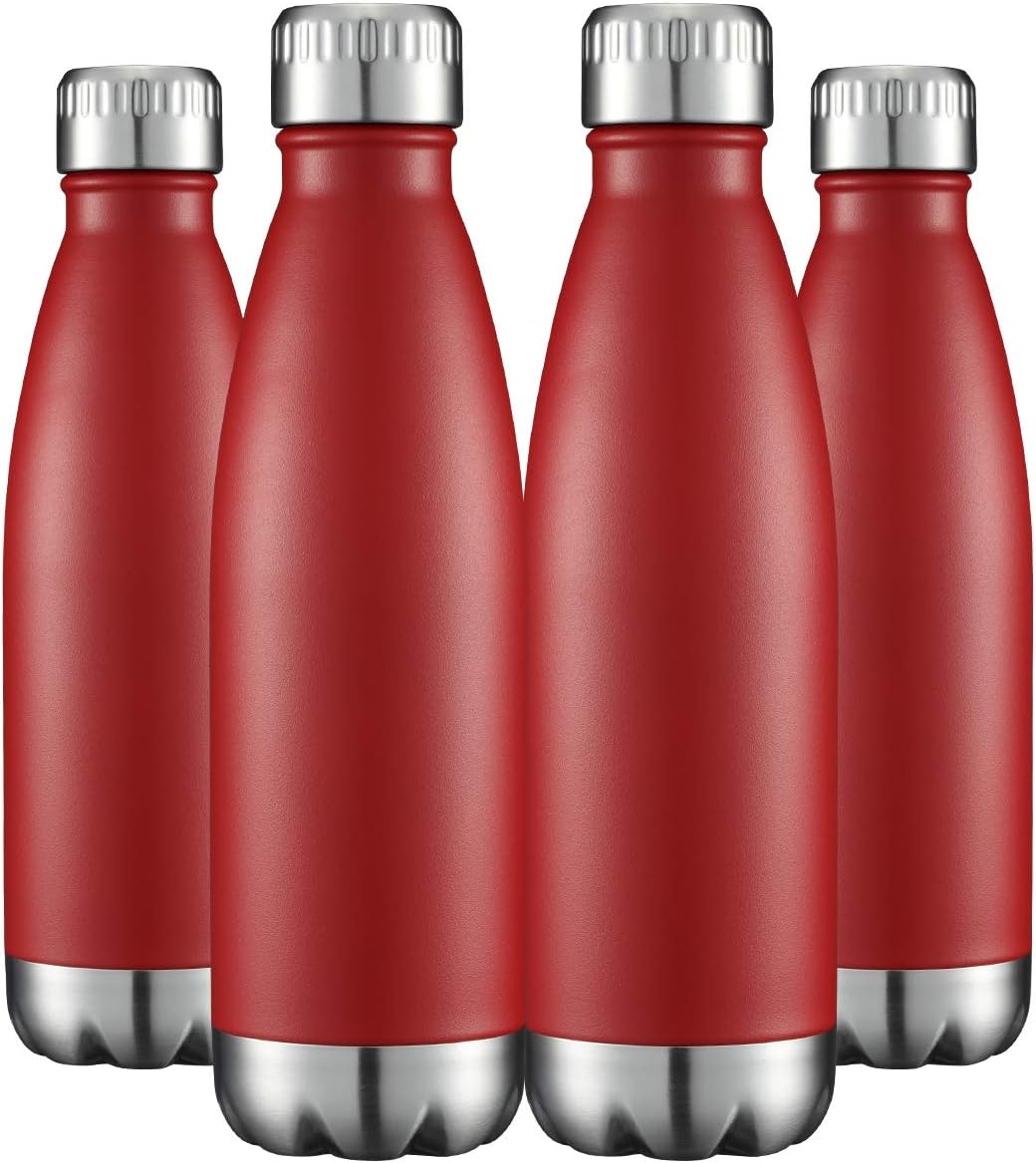 HASLE OUTFITTERS 17oz Stainless Steel Water Bottles Bulk, Vacuum Insulated Double Walled Powder Coated Reusable Metal Sports Water Bottles Keep Drinks Hot and Cold, Red, 4Packs