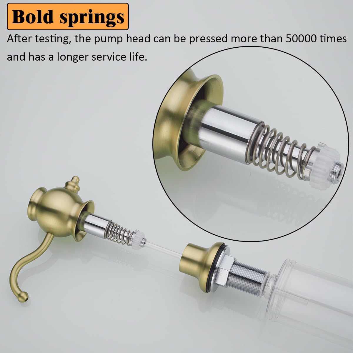 RANDOM Built in Sink Soap Dispenser for Kitchen Sink,Brushed Gold Solid Brass Pump Head with Soap Dispenser Extension Tube Kit and 11 Ounce Large PET Liquid Soap Bottle.RD84038BG