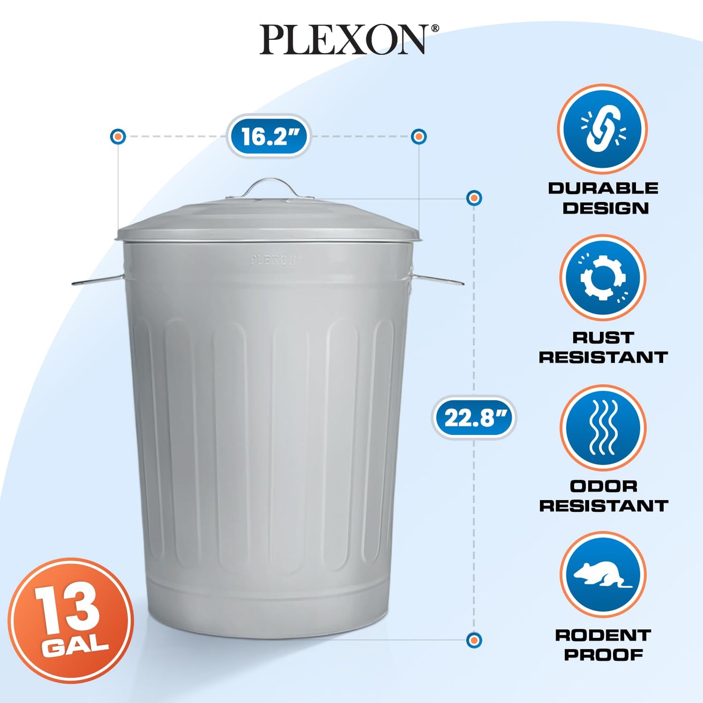 Plexon Round Trash Can 13 Gallon, Vintage Metal Outdoor Trash Can with Lid, Retro Farmhouse Garbage Container, Old School Modern Ash Bucket, Gray 3 Pack