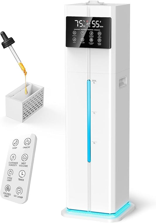 Cool Mist Humidifiers for Bedroom, Ultrasonic 2.4Gal 9L Quiet Top-Fill, Easy Clean with Essential Oil Tray, 360°Nozzle, 4 Speed, Remote, 60H Runtime, for Baby, Adults, Plants, Home, House, Large Room