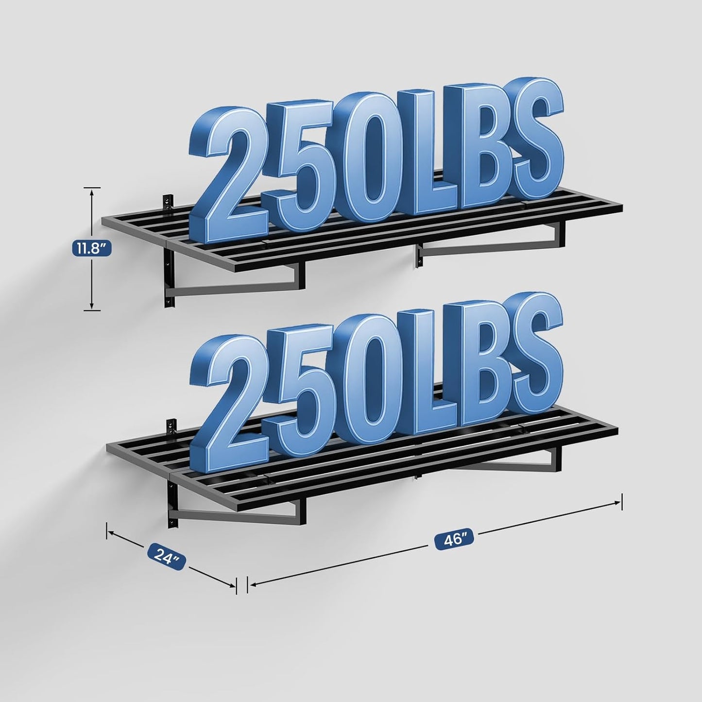 2-Pack Garage Wall Shelves, 2' x 4' Heavy Duty Wall Mounted Storage Rack with 6 Hooks, 500 lbs Capacity (250 lbs Each), Steel Garage Organization Shelving for Tools, Bins, and Power Equipment