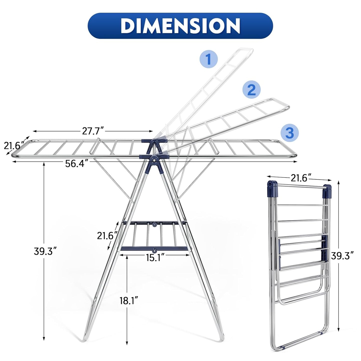 APEXCHASER Clothes Drying Rack, Stainless Steel Drying Rack Clothing with Height-Adjustable, Foldable Gullwings Laundry Drying Rack, Indoor Outdoor Use, No Assembly