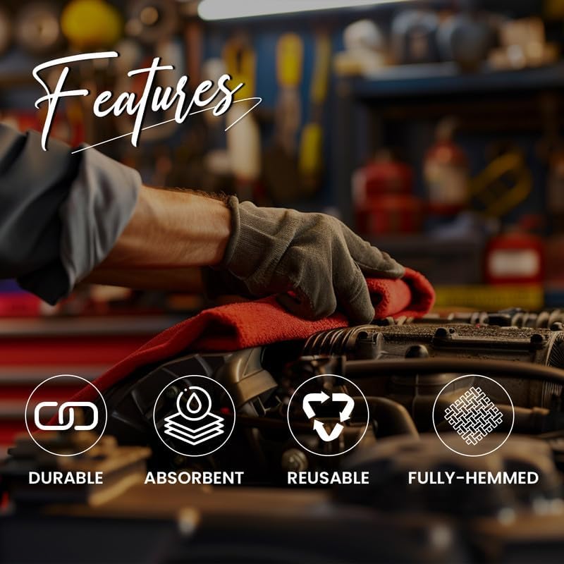 Shop Towels (Red, 50-Pack) - Bulk Cleaning Towel in a Bag, Mechanic Cotton Wipes for Car Maintenance, Auto Mechanics & Garage, Wipe Grease & Oil, Machine Wash & Reusable