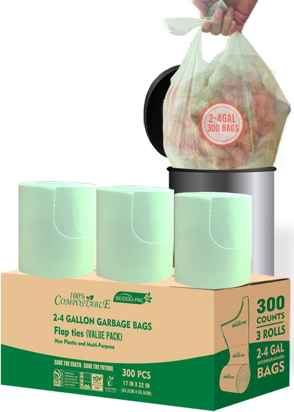 3 Gallon Flap Tie Compostable Trash Bags, 300 Count Small Compost Bags, Biodegradable Kitchen Garbage Bags, Food Scrap Waste Bags for Countertop Bin, ASTM D6400, US BPI Certified