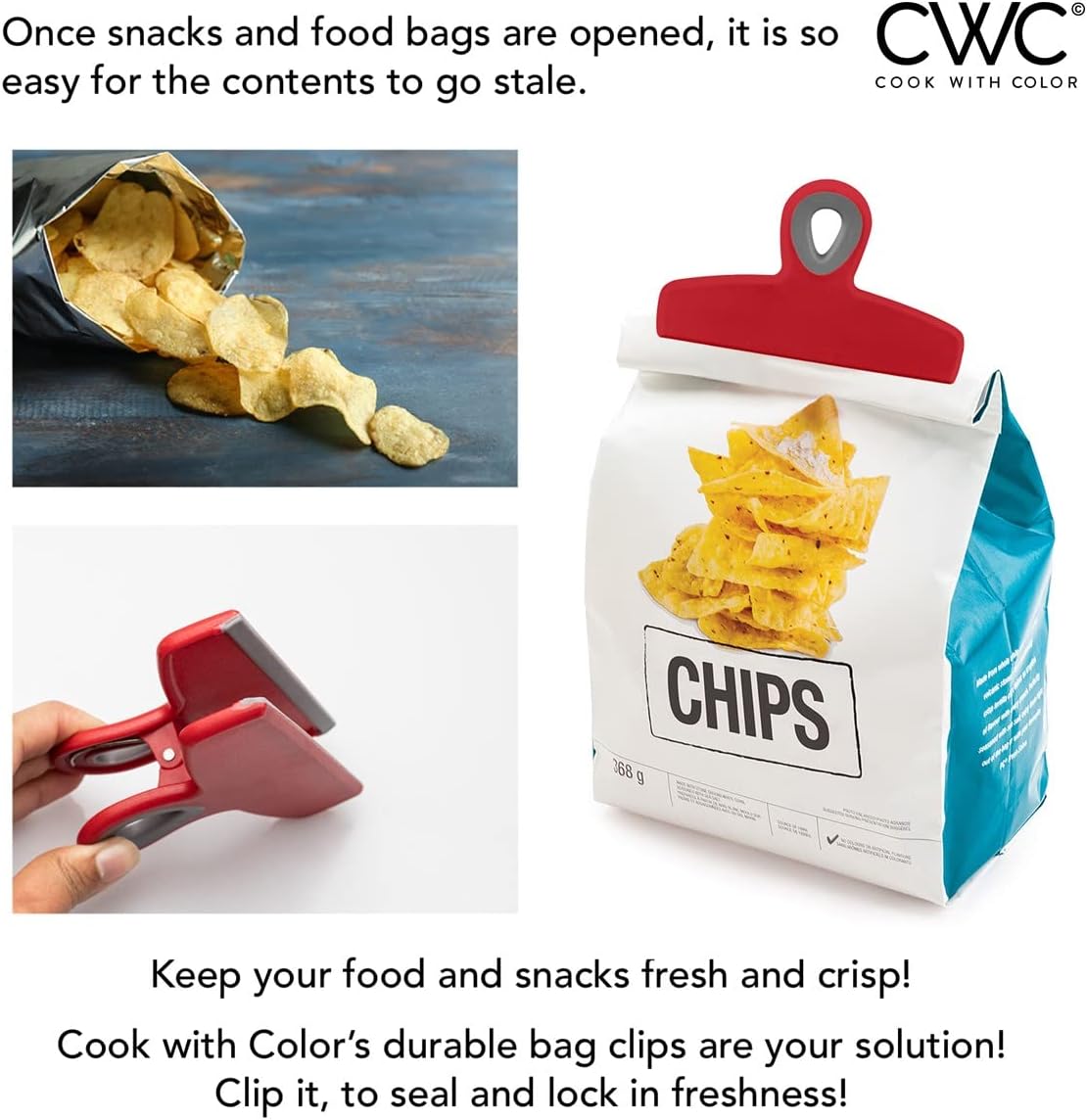 COOK WITH COLOR Bag Clips - Heavy Duty Chip Clip and Refrigerator Magnet Clips for Food Storage with Air Tight Seal Grip, Red, Pack of 4 Large Clips