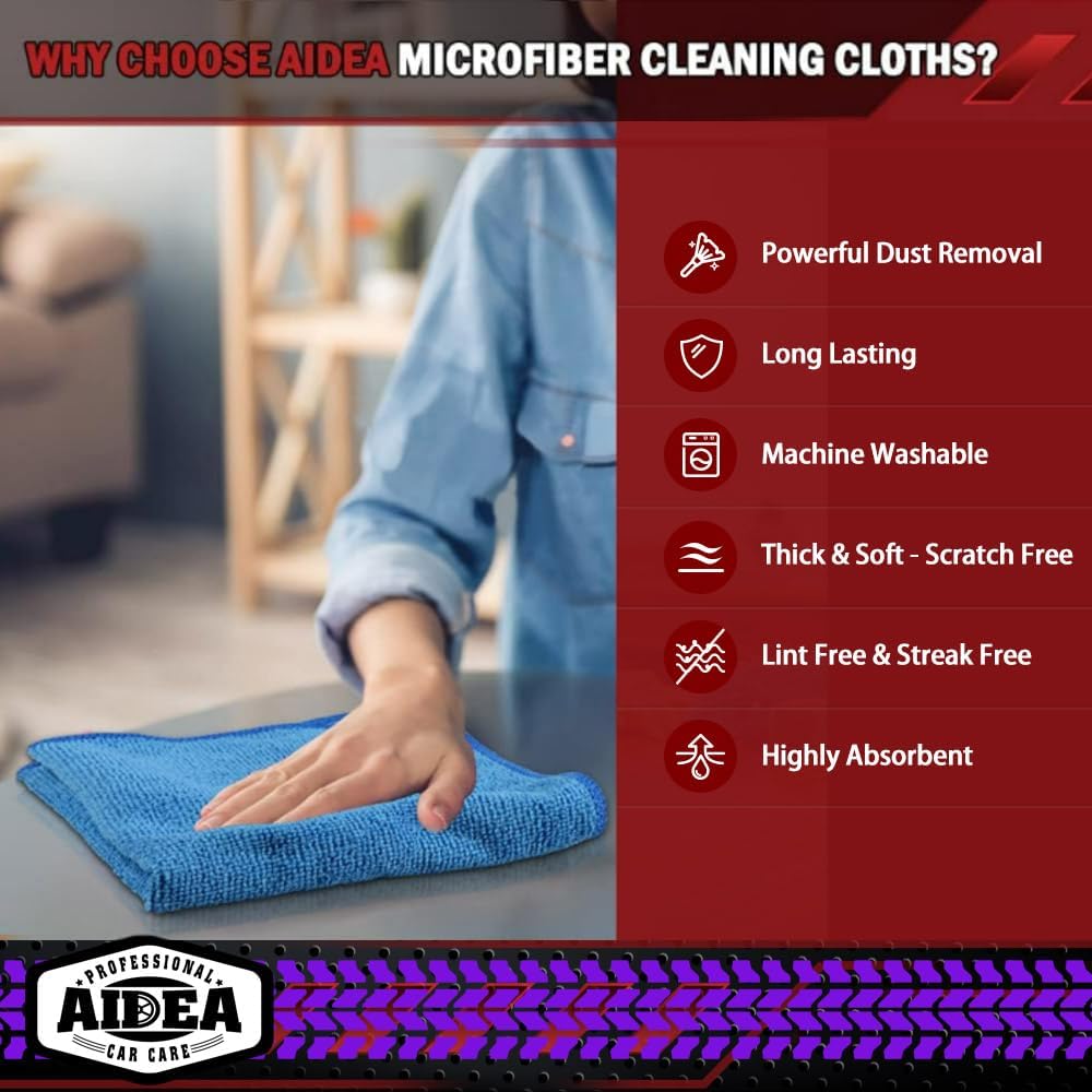 AIDEA Microfiber Cleaning Cloth, 50PK, Microfiber Towels for Cars, Premium Wash Cloths, Dusting Cloth Cleaning Rags, Absorbent Towels for SUVs, House, Kitchen, Window, Cleaning Supplies12×12"