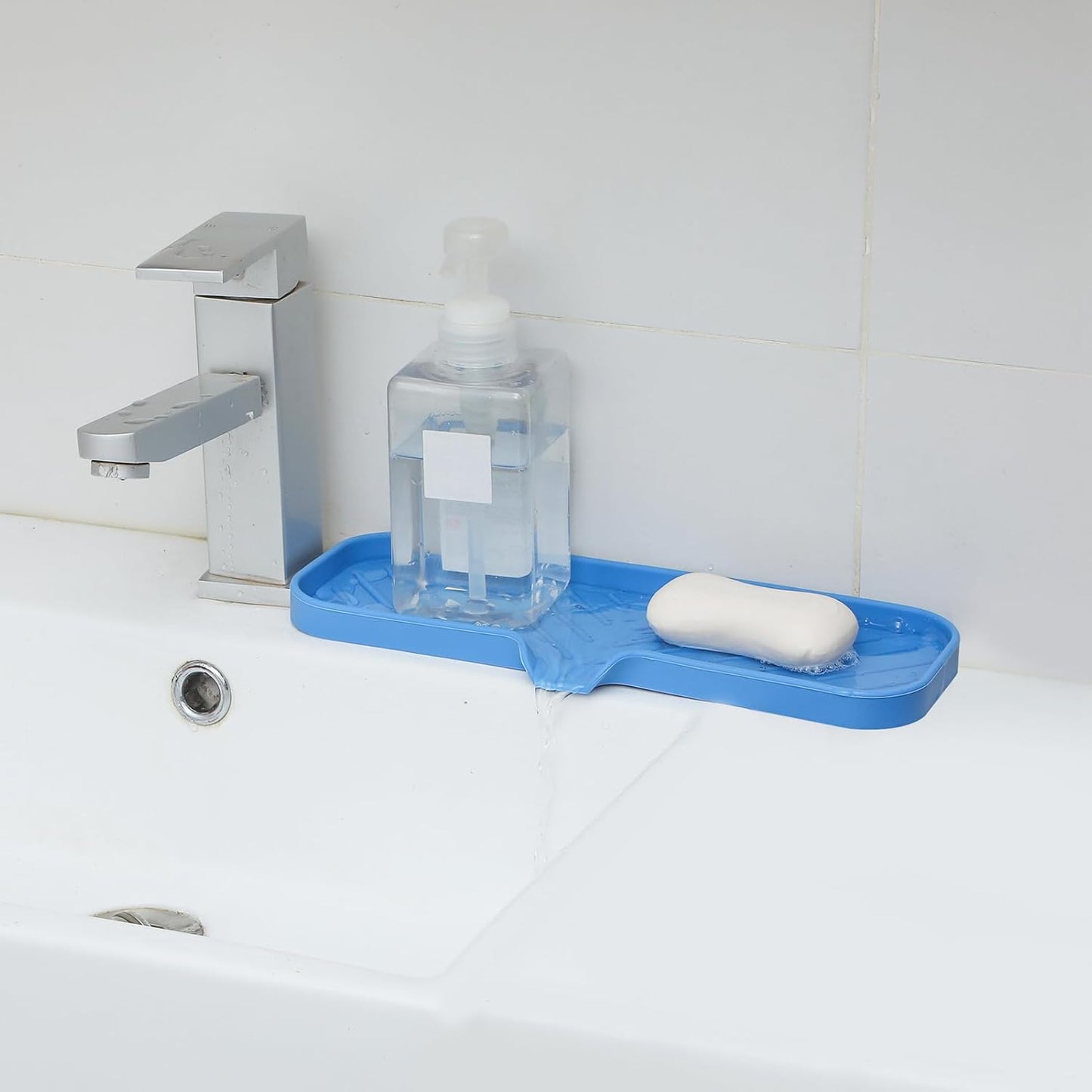 Silicone Bathroom Soap Dishes with Drain Spout-Bathroom and Kitchen Sink Organizer,Sponge Holder,Dish Soap Tray,Perfect for Dispenser,Scrubber,Bottle,Cup on Sink or Counter-Lichen Blue 12"×4"