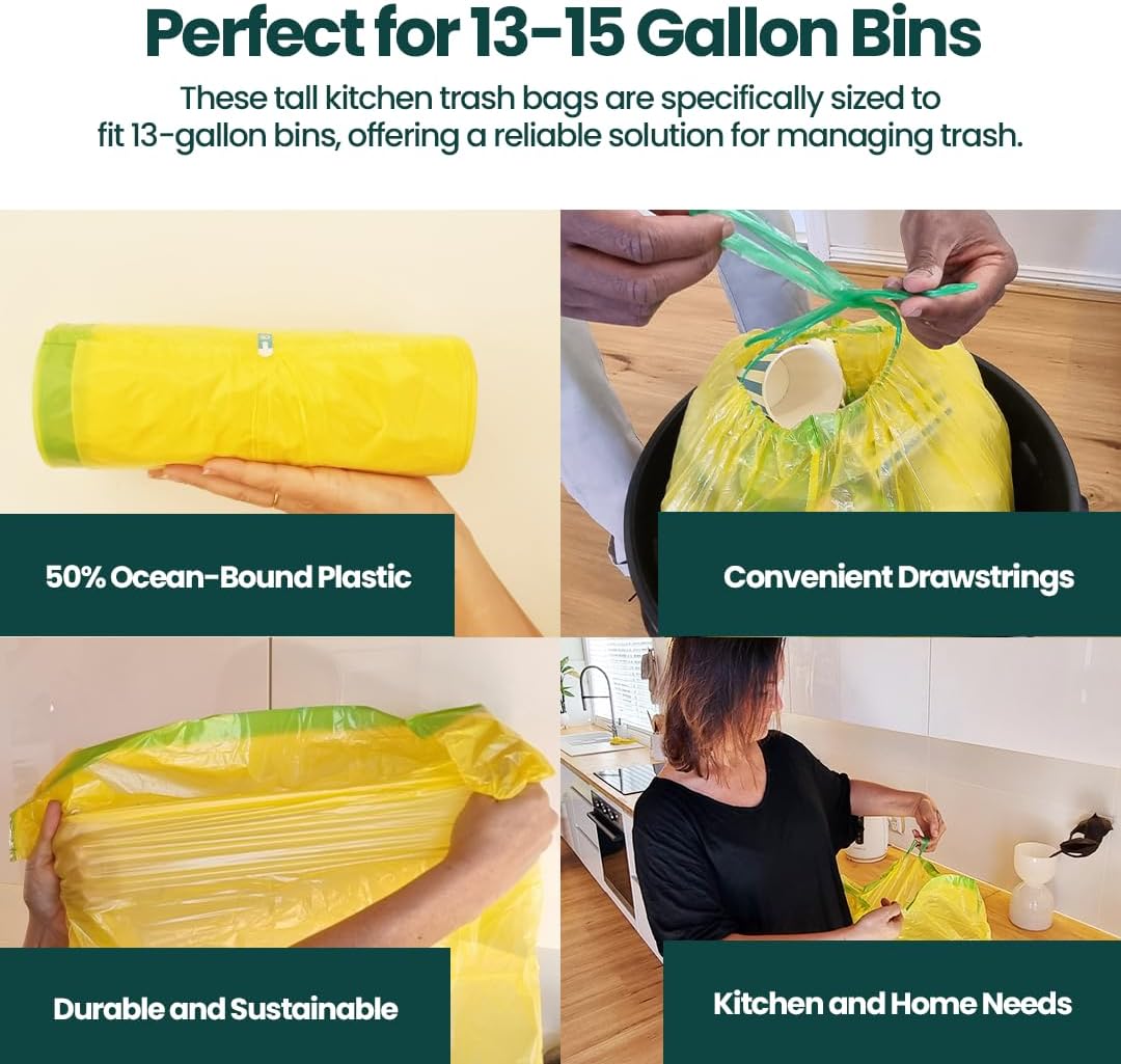 13 Gallon Trash Bags with Drawstrings, 40 Bags Made from 50% Recycled Plastic, Leakproof and Tear-Resistant, Tall Kitchen Garbage Bags for Home and Office