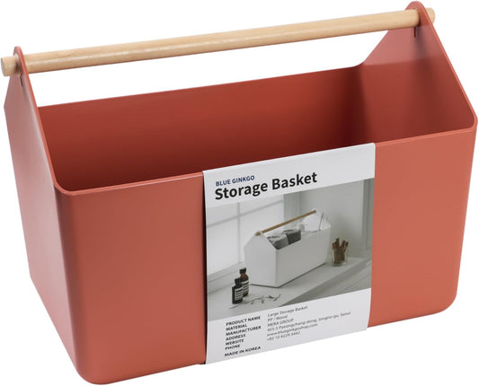 BLUE GINKGO Large Storage Basket – Plastic Caddy with Wooden Handle for Bathroom, Pantry, or Cleaning Supplies (Terracotta)