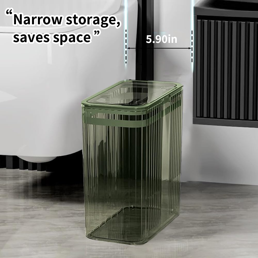 Transparent Trash Can, Bathroom Trash Cans with Lids, 3.5 Gallon Garbage Can for Bedroom, Office, Plastic Slim Waste Basket with Press Top Lid, 15L Clear Trash Bin for Home, Kitchen (Green)
