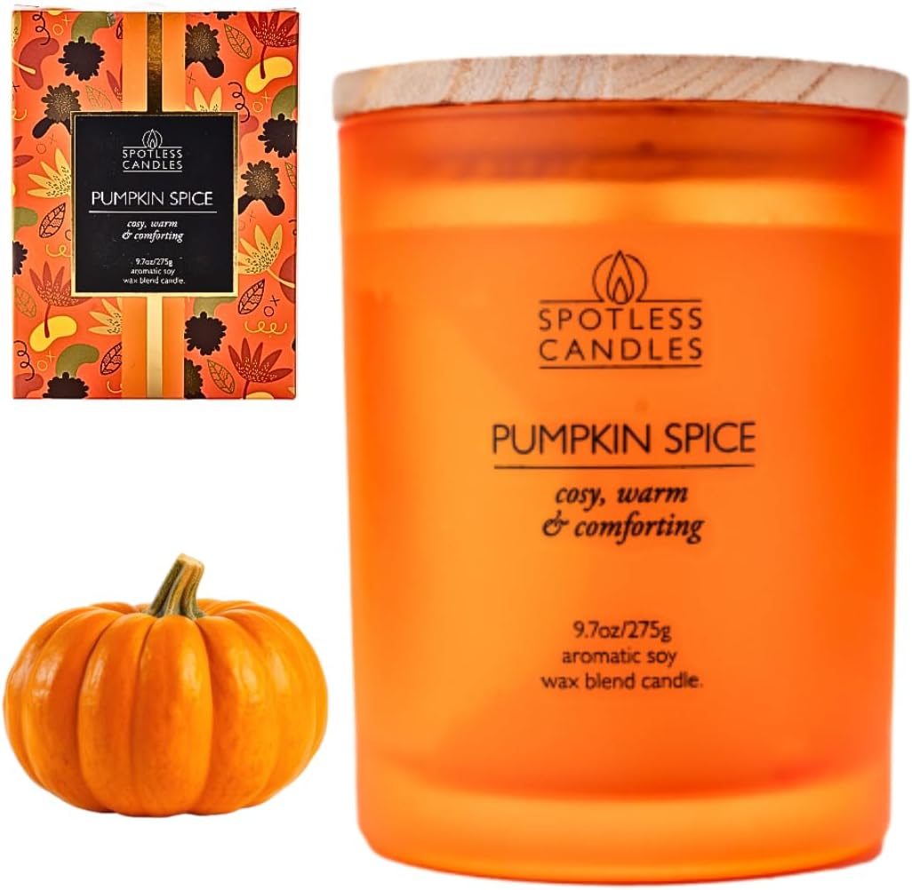 Pumpkin Spice Candle - 9.7 oz /275g Pumpkin Candle in Orange Frosted Glass Jar with Wooden Lid and Wooden Crackling Wick in Luxurious Gift Box - Cosy, Warm and Comforting