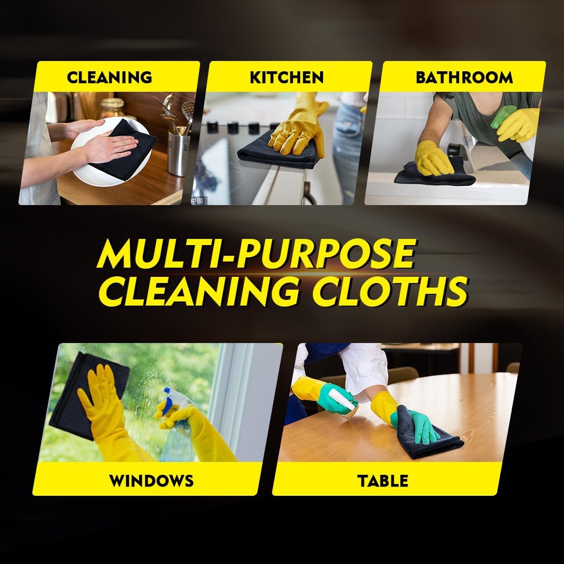 HOMEXCEL Black Microfiber Cleaning Cloth 6 Pack, 12.5 x 12.5 inch Microfiber Towels for Cars, Ultra Absorbent Car Washing Cloth, Lint Free Streak Free Cleaning Rags for Car, Kitchen, and Window