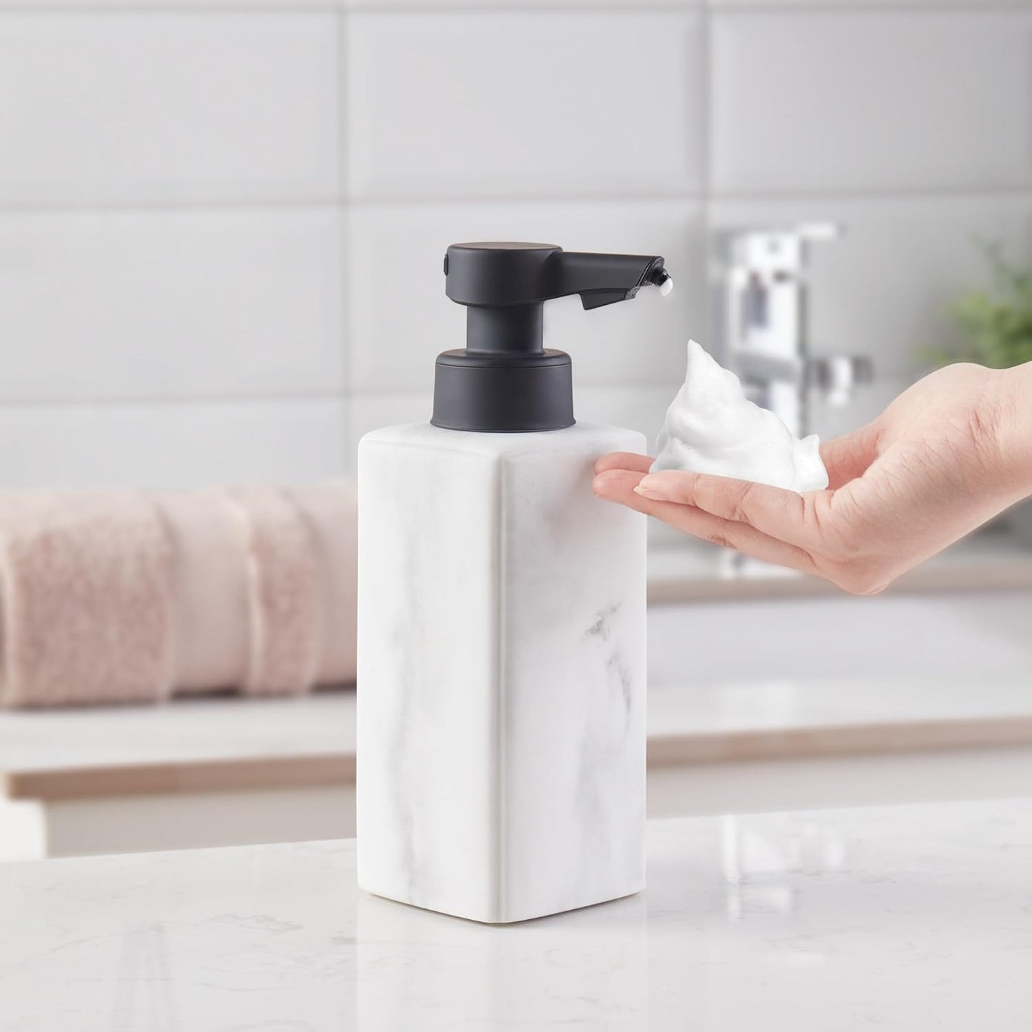 DKNY Hands Free Automatic Liquid Soap Dispenser, Refillable, Rechargeable Touchless Sensor Pump, Elegant Faux Marble Finish, 100% Resin, 1 Piece, 8.6" x 3", White