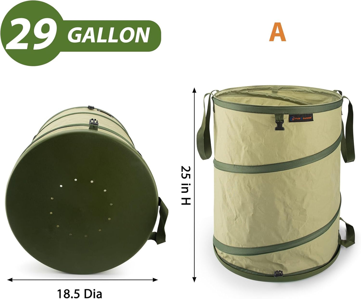 YUDI & GARDEN 29 Gallon Hard Bottom Collapsible Trash Can｜Collapsible Garden Bag｜Camping Trash Can, Green 2-Pack for Collecting Weeds or Yard and Party Waste