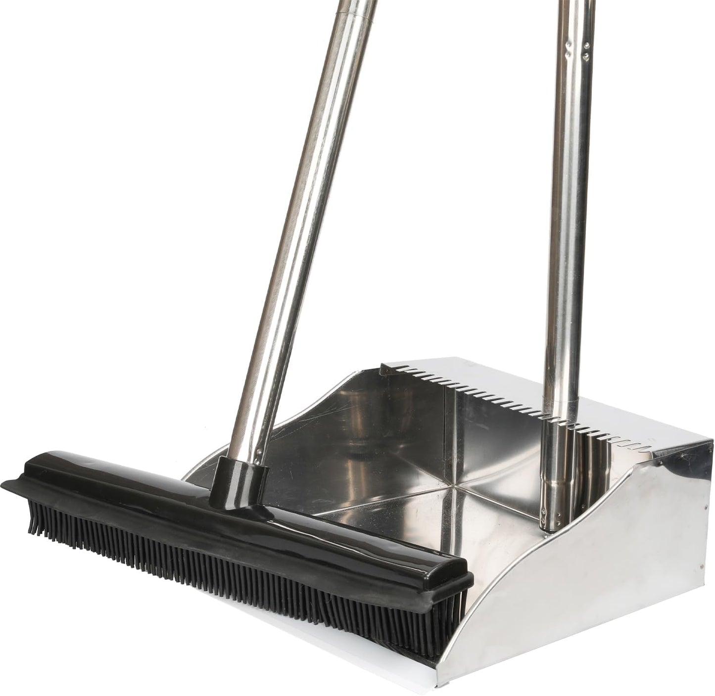 Rubber Broom and Dustpan Set,Pet Hair Removal Rubber Broom with Squeegee and Stainless Steel Dust Pan,Carpet Rake Push Broom and Dustpan for Fluff Hardwood Floor Tile (Black)