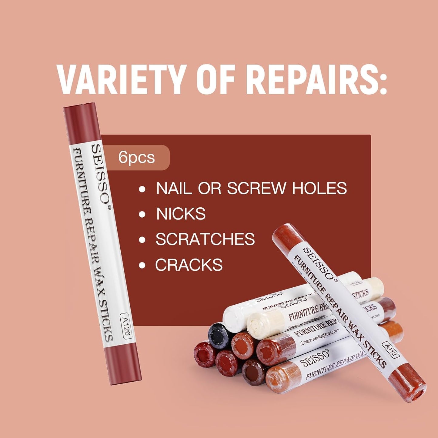 SEISSO Furniture Repair Crayon, 6 Pcs - Wood Filler Sticks, Scratch Repair Wax, Furniture Marking Repair - Scratch, Cracks, Hole, Table, Wood Floor, Guitar, Covering, Instrument Fill Sticks-Black