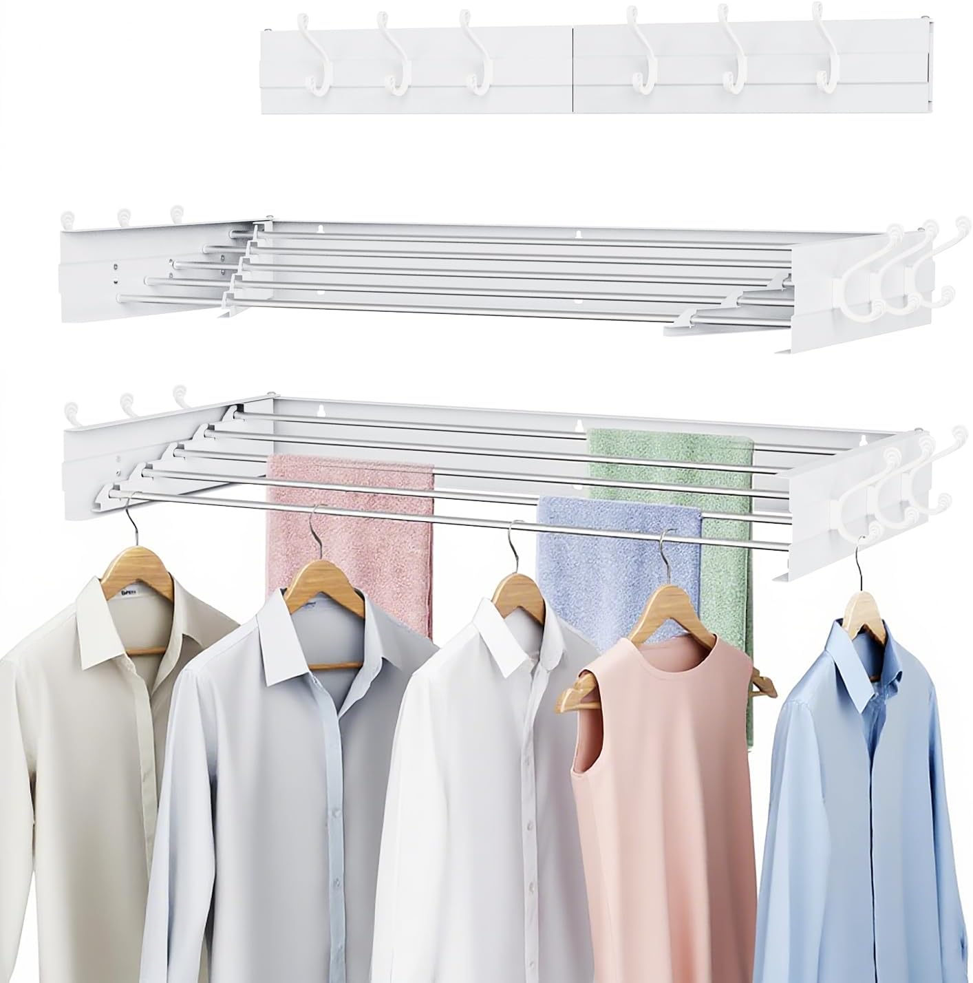 Laundry Drying Rack, Collapsible Wall Mounted Clothes Drying Rack - Foldable,Space Saving, 13.2 Linear Ft, 5 Aluminum Rods, 60 lb Capacity (White, 40" Wide)