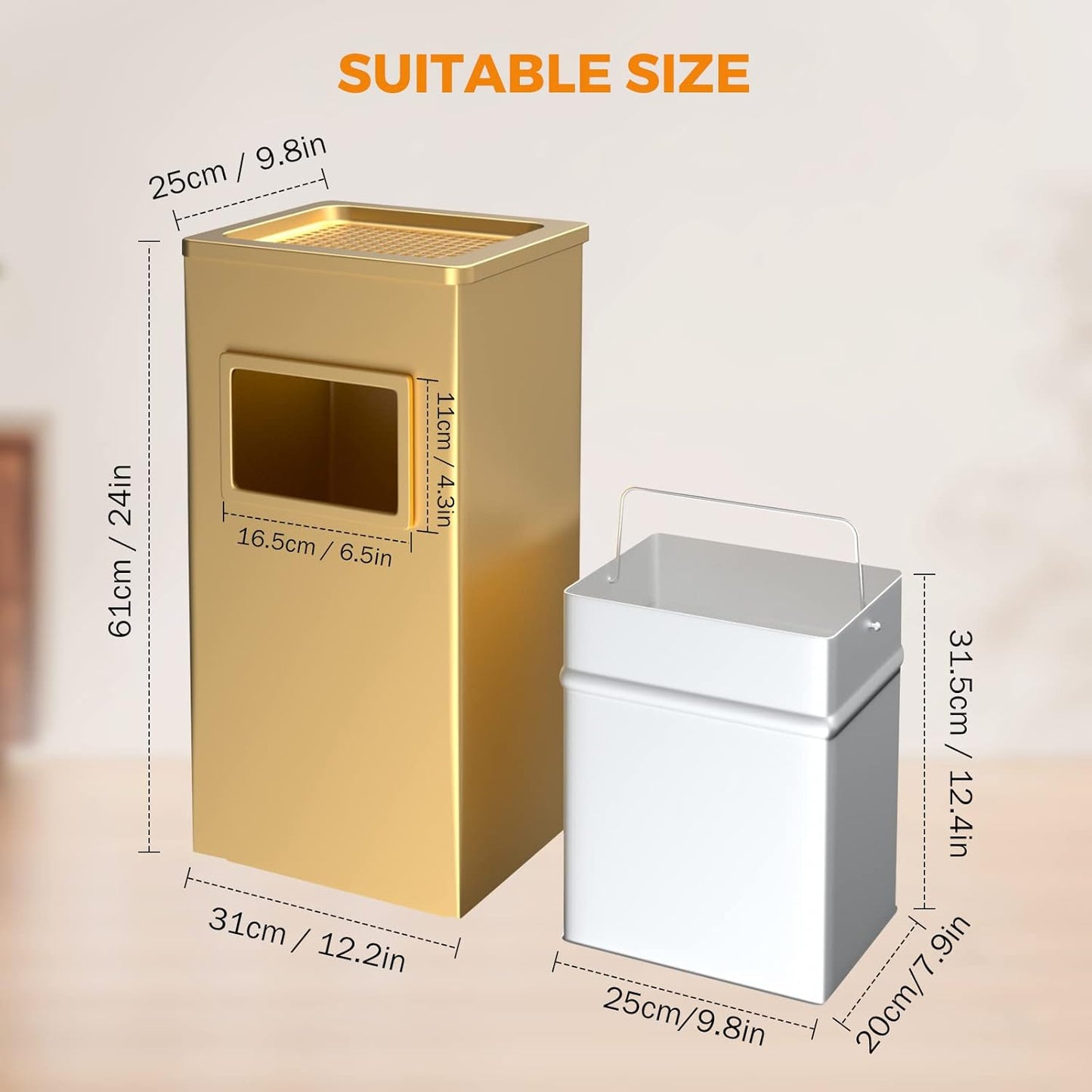BEAMNOVA Trash Can Indoor Outdoor Black Stainless Steel Commercial Garbage Can Industrial Garbage Enclosure Inside Cabinet with Lid Waste Container, Gold Color, 12.2 * 9.8 * 24 in