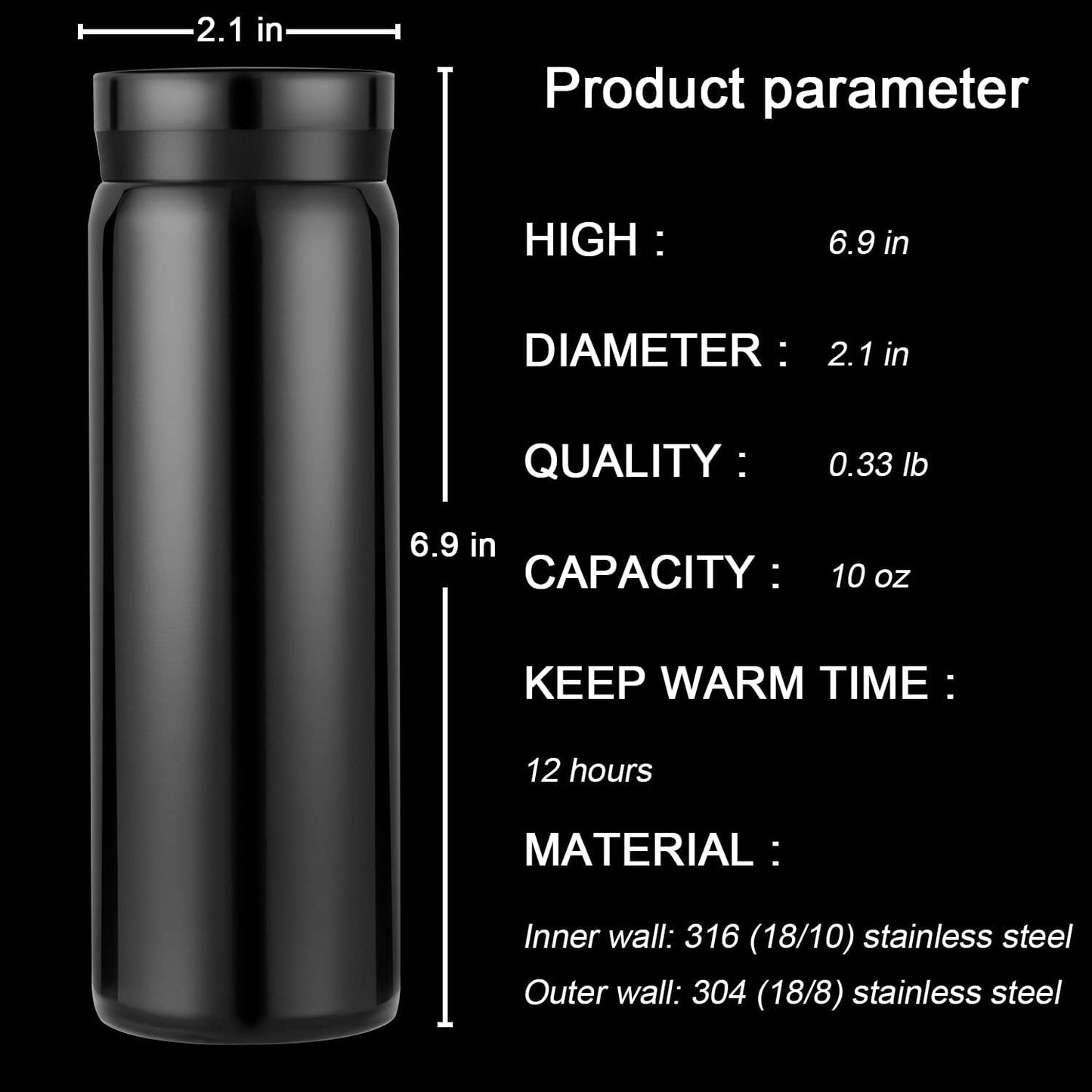 10oz Mini Water Bottle Stainless Steel Thermos Small Flask - Insulated Vacuum, Leak Proof, Keeps Drinks Hot/Cold - Ideal for Coffee, Tea, Water