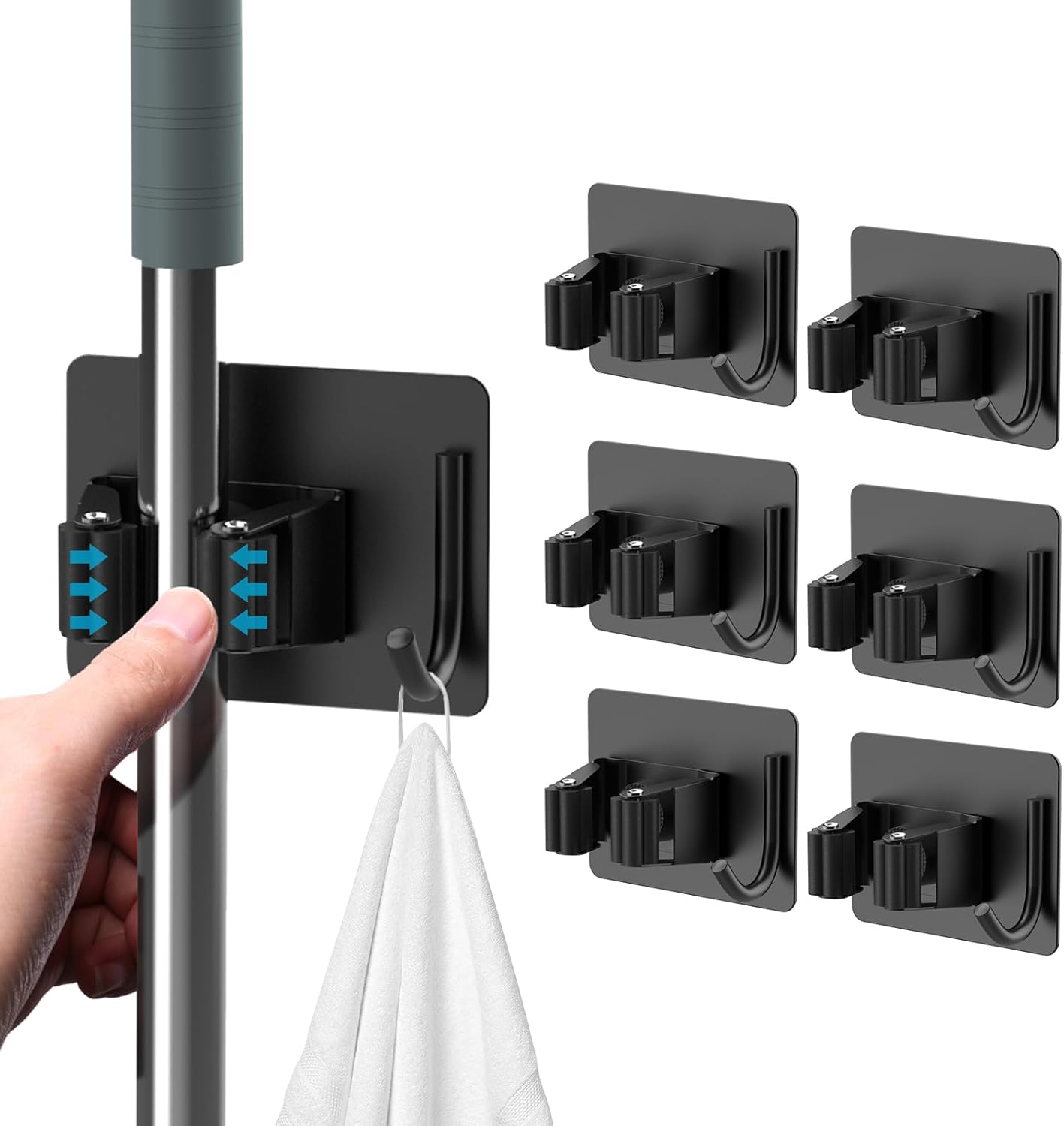 Mop Broom Holder No Drill, Mop Broom Organizer Wall Mounted Heavy Duty with Hooks Hanger, Self Adhesive Stainless Steel 6Pcs for Bathroom, Kitchen, Office (Black)