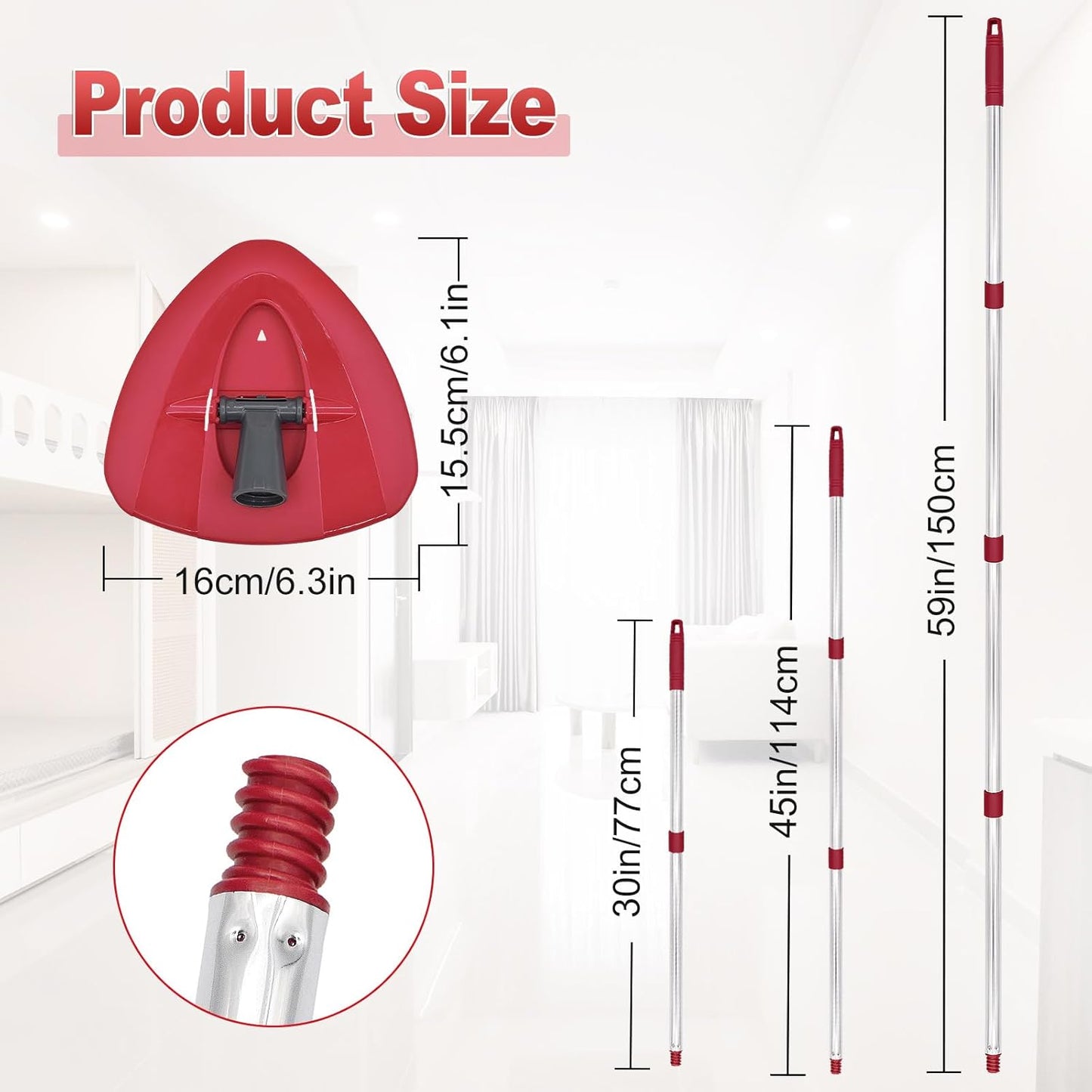 Mop Handle for Ocedar, Mop Handle for O Cedar, Spin Mops Replacement Stick and Base for Ocedar, 4-Section Mops Handles and Base for O Cedar, 30" to 58" Mop Stick Pole and Base for Cedar Mop