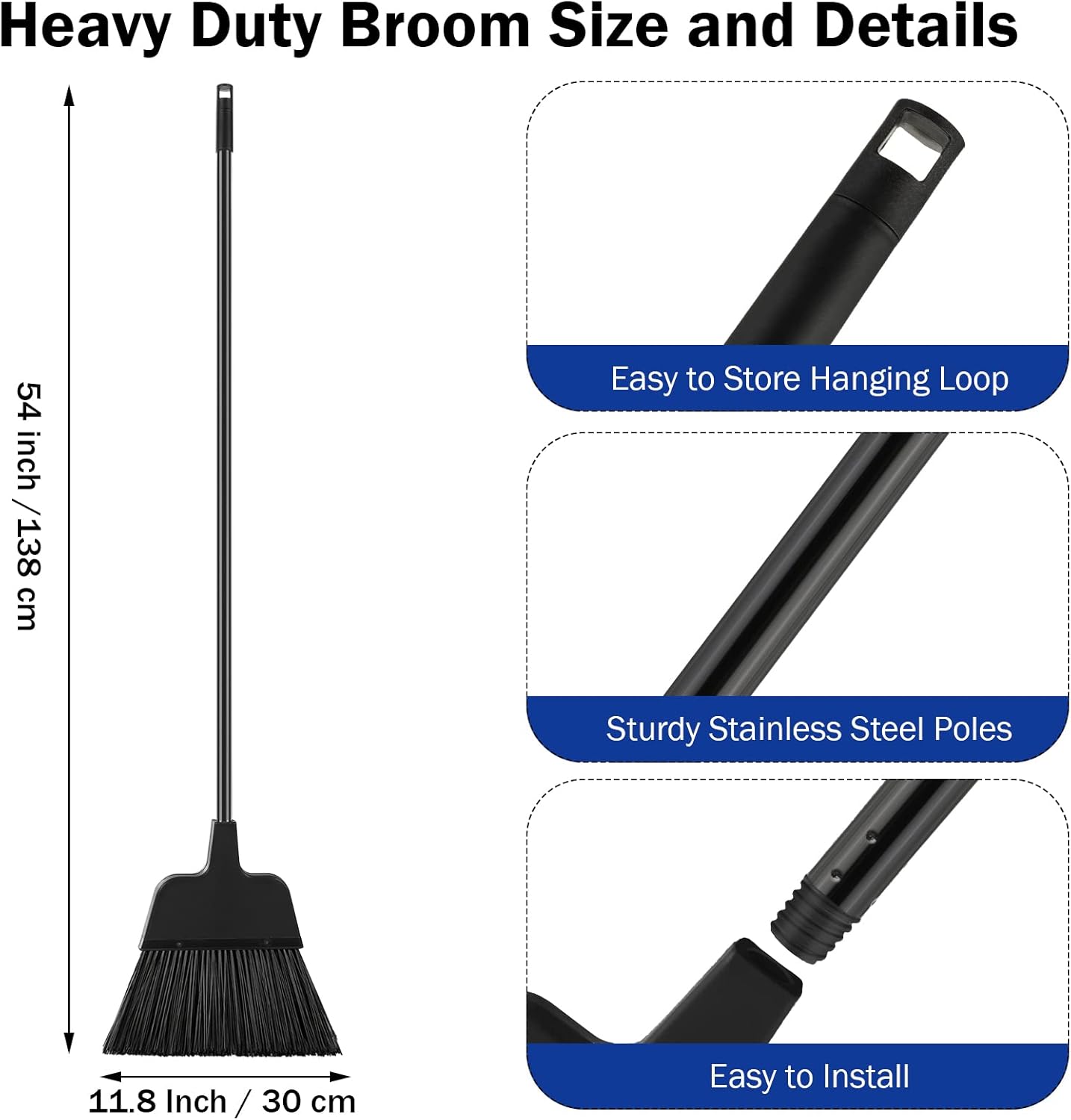 8 Pcs Outdoor Broom for Floor Cleaning 54 Inch Commercial Heavy Duty Broom Long Handle Kitchen Household Angle Brooms for Sweeper Sweeping Indoor Dust Hair Cleaner Corn Shop(Black)