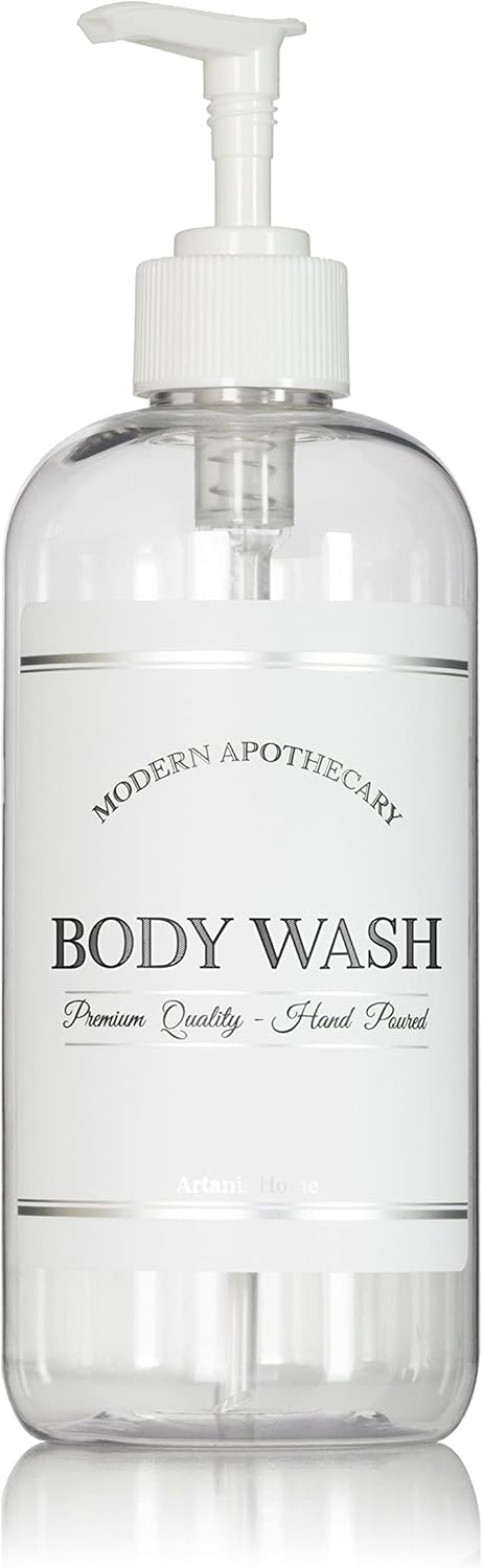 Refillable Clear PET Plastic 16 oz Body Wash Bottle with White Plastic Pump Dispenser - Chrome Accent Waterproof Labeled Bottle