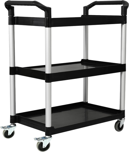 3-Tier Utility Rolling Cart with Wheels, Durable Catering carts with Wheels, Rolling Storage Cart for Hotel Canteen Resturant Office (Black, 34.4" D x 16.5" W x 37.7" H)