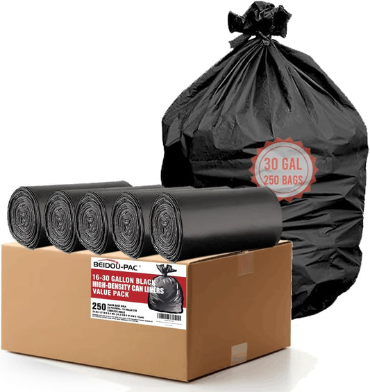 30 Gallon Trash Bags, 250 Count Black Garbage bags, Multi-purpose Trash Can Bin Liners for Bathroom, Office, Industrial, Commercial, Janitorial, Municipal, Recycling