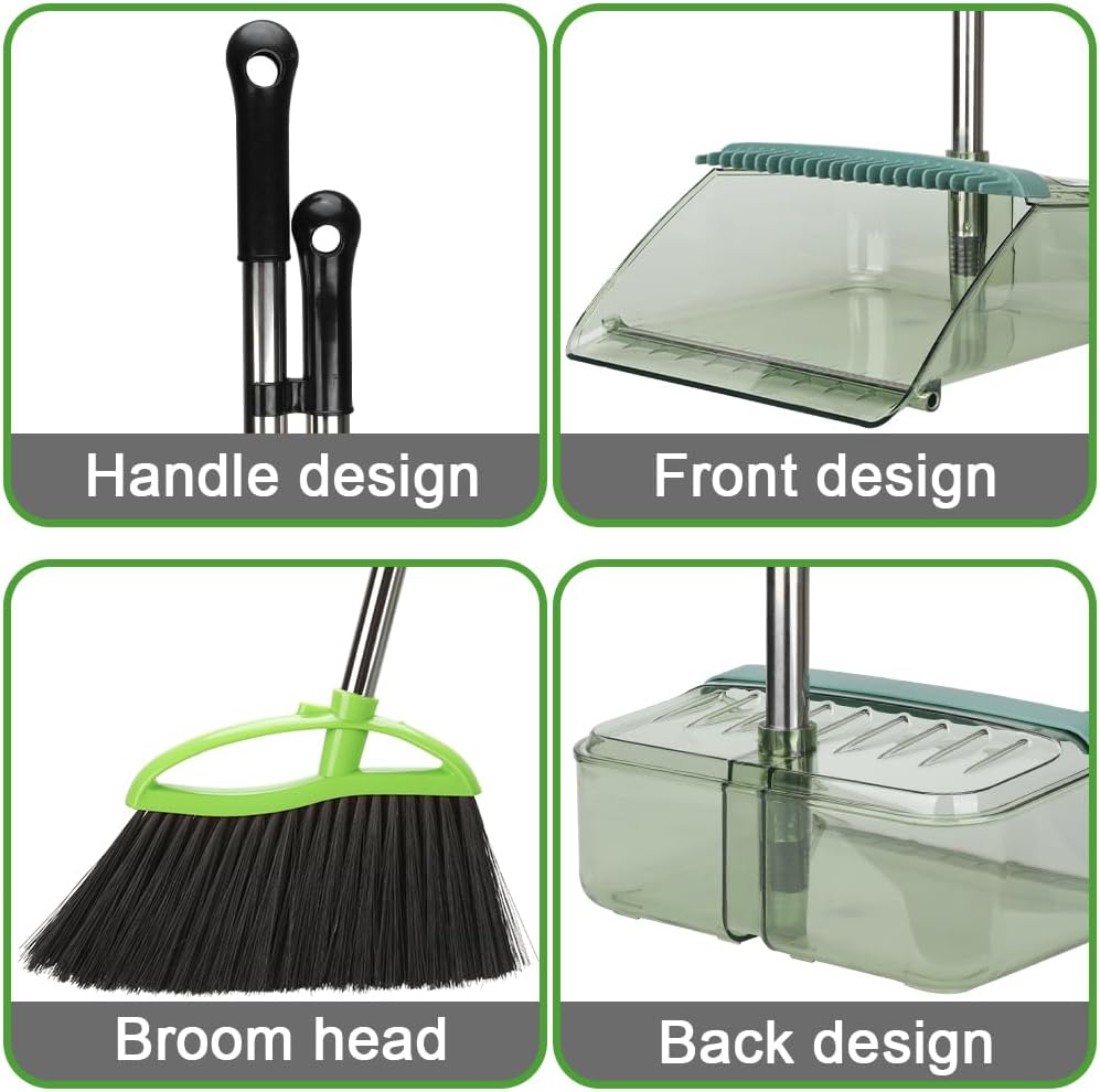 Soft Bristles Green Angle Broom and Dustpan Set, Long Handle Household Indoor Broom with Dustpan Combo Set for Room Kitchen Lobby Office Hardwood Floor Sweeping Floor Cleaning