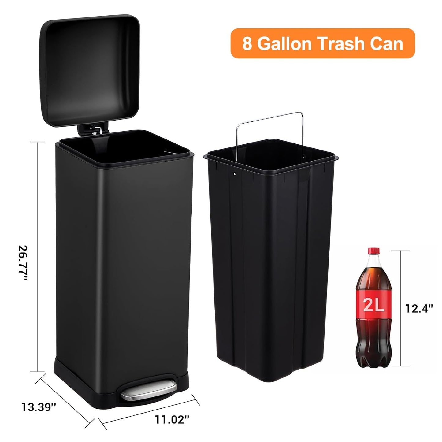 8 Gal/30L Slim Trash Can, Rectangular Step-On Stainless Steel Garbage Can, Soft-Close Lid, Anti-Fingerprint Surface, Recycling Bin with Removable Inner Basket, for Kitchen Dining Room, Black