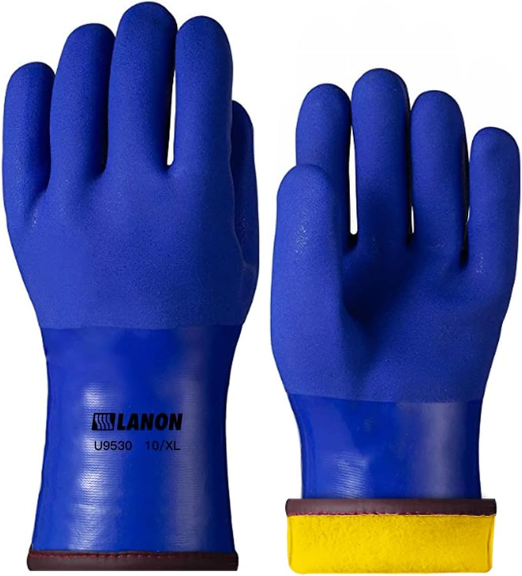 LANON PVC Coated Cold Proof Heavy Duty Gloves, Waterproof Warm Work Gloves for Freezer Work, Chemical & Oil Resistant, Non-Slip, Large