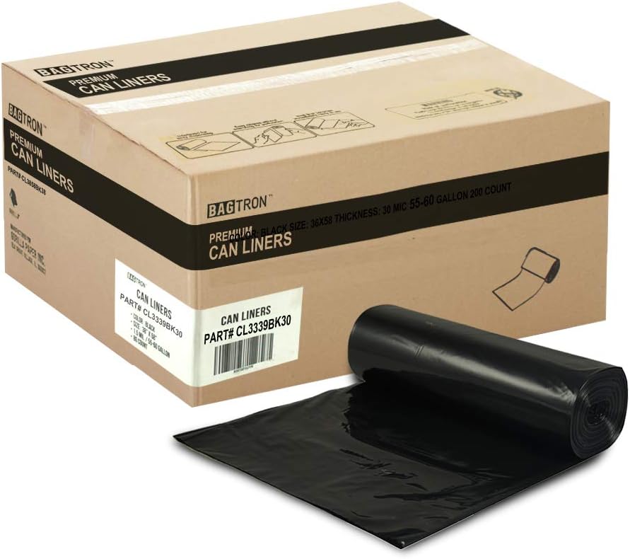33 Gallon Trash Bags, 30 Micron Heavy Duty Pure LDPE Garbage Can Liners, 33" x 39" Large, Black, 100 Count