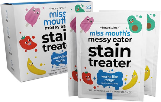 Miss Mouth's Messy Eater Stain Treater Wipes - 25 Pack Stain Remover - Newborn & Baby Essentials - No Dry Cleaning Food, Grease, Coffee Off Laundry, Underwear, Fabric