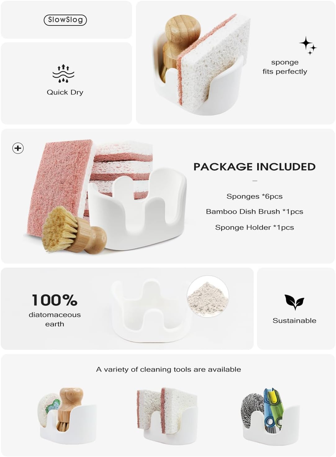 Double Sponge Holder, Water-Absorbing Stone Dish Sponge Caddy for Kitchen Sink Counter, Fast-Drying Stone Sponge Holder with 6 Sponges and 1 Brush, White