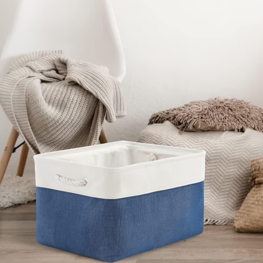 Organization and Storage Bins for Shelves - 2 Pack 17X15X12 inch Canvas Storage Cubes Collapsible Baskets for Organizing with Handles, Storage Box for Cloth Decorative (White & Blue)