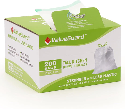 Large Trash Bag 13 Gallon Tall Drawstring 100% Post-Consumer Recycled Garbage Bag Waste Bag for Kitchen Office 0.6 Mil (200 Count)