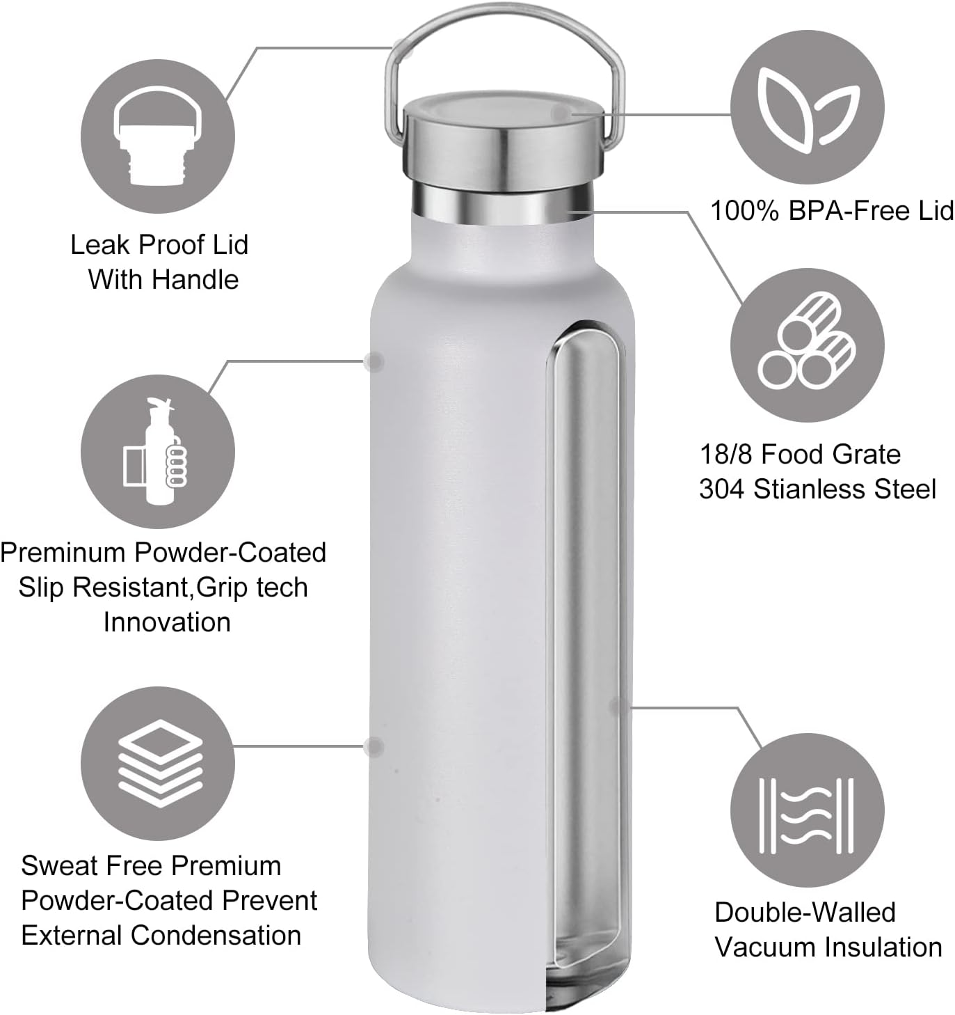 Neihepal White Stainless Steel Water Bottles,20 Ounce Vacuum Insulated Double Wall Travel Bottle with Leak Proof Lid of Handle,Metal Reusable Standard Mouth Flask Thermoses for School,Hikers,Gift