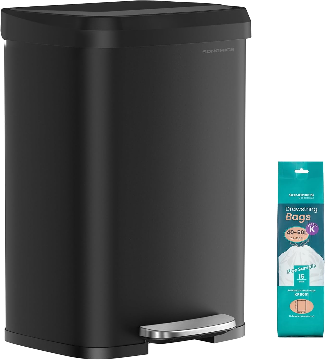 SONGMICS Kitchen Trash Can, 13 Gallon (50 L) Stainless Steel Garbage Can, with Stay-Open Lid and Step-on Pedal, Soft Closure, Tall, Large and Space-Saving, Black ULTB530B50