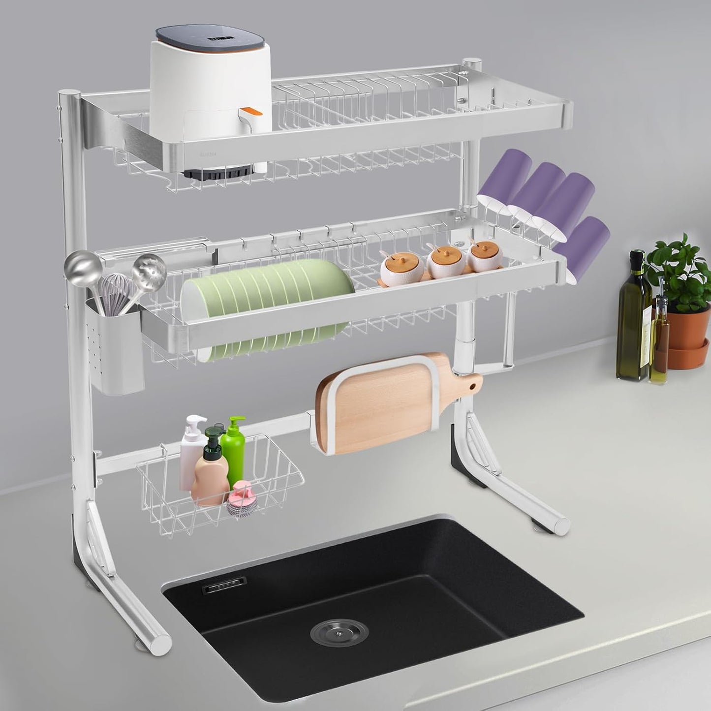 Over The Sink Dish Drying Rack, 2-Tier Stainless Steel Dish Drainer for Kitchen, Multifunctional Organizers, Chopstick Cage, Cup Holder, Cutting Board Holder, Knife Holder, 21''-33''Adjustable Length