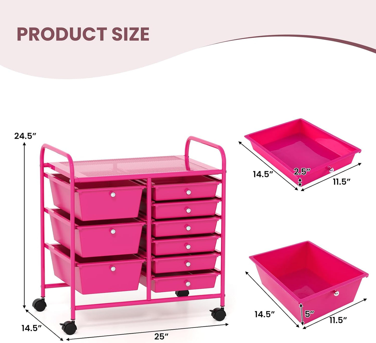 GOFLAME 9-Drawer Rolling Storage Cart, Mobile Utility Cart with Removable Drawers & Metal Frame, Art Craft Organizer Cart with Lockable Wheels, Storage Drawer Cart for Home Office School, Hot Pink