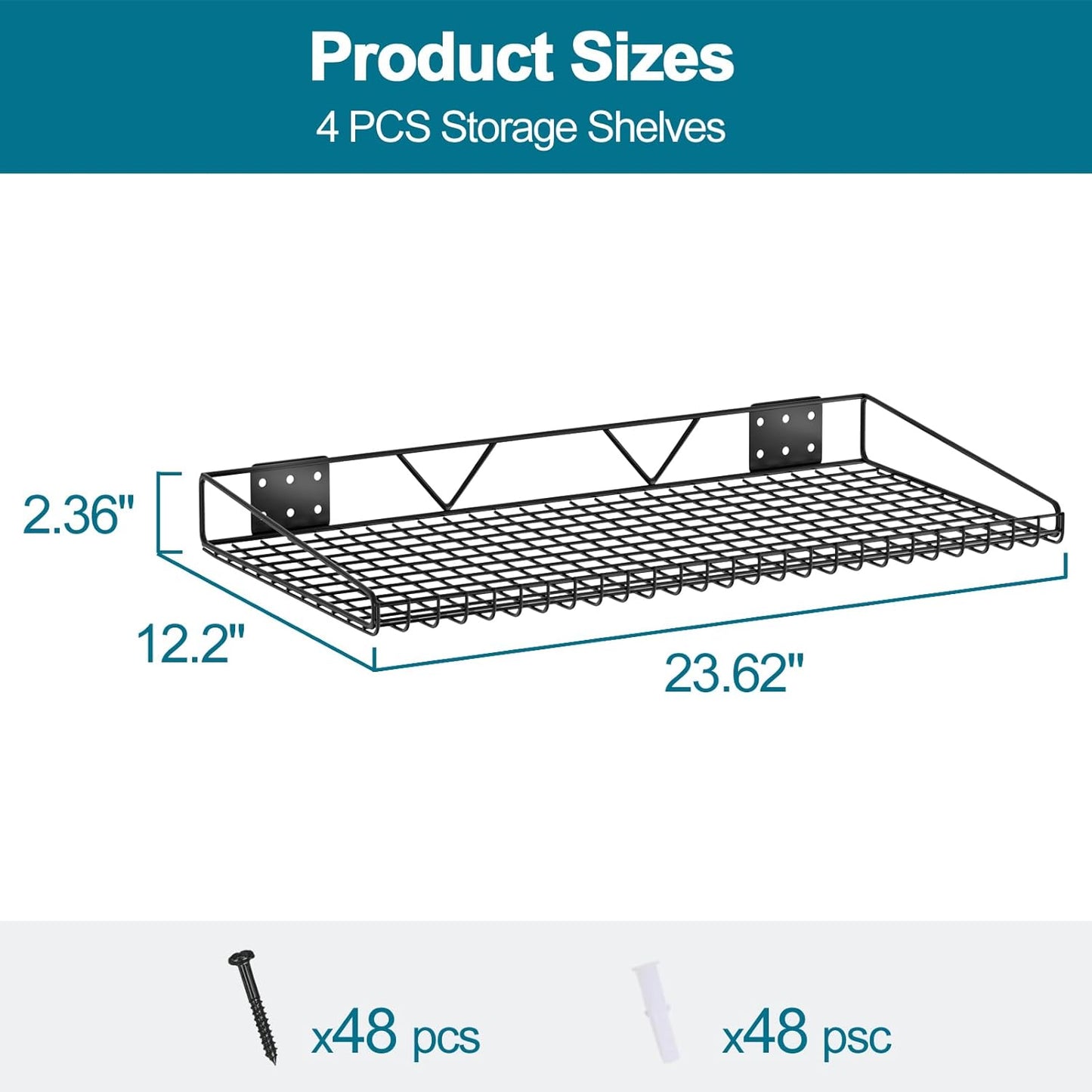 Garage Wall Shelving,4-Pack 12 Inch X 23.8 Inch,Can be Used for Garage, Closet, Laundry Room, Heavy Duty Wall Shelving, Holds Up to 65 Lbs (Black, 12"X23.8", 4)