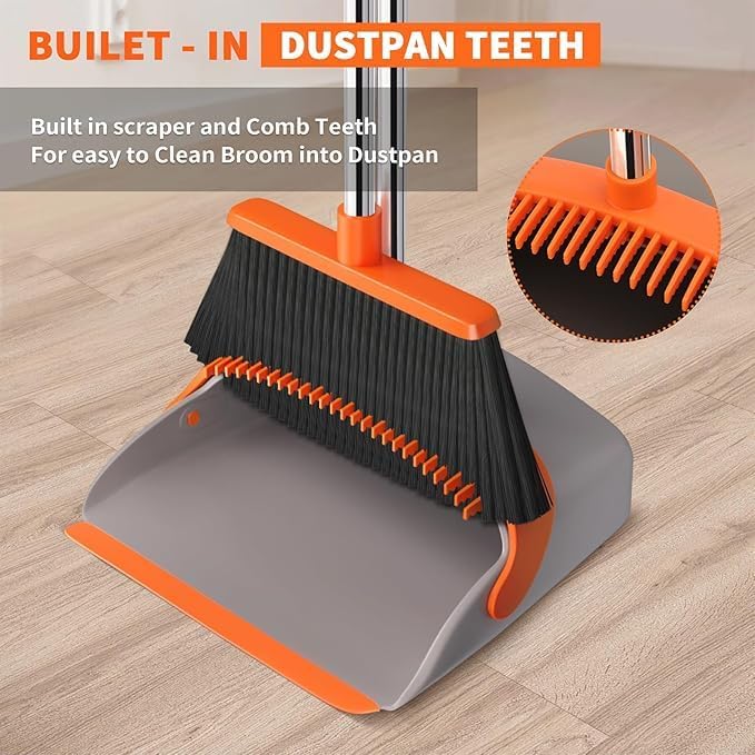 Broom and Dustpan Set – Upright Standing Broom with Long Handle and Clip-On Dustpan – Indoor Sweeping Set for Home, Office, or Kitchen – Space-Saving & Easy to Store (Orange & Black)